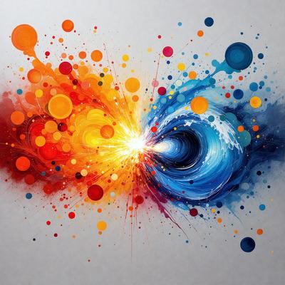 The primary subject of the image is a colorful painting or drawing featuring a swirling vortex. The setting is a white background, which provides a clean and uncluttered appearance. The visual style is a combination of digital art and illustration, creating a vibrant and dynamic scene. The colors and mood of the image are predominantly bright and lively, with a sense of energy and movement.